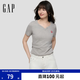 蓋璞Gap女裝早秋純棉logo刺繡V領(lǐng)愛(ài)心捏褶短袖上衣858936 淺灰色 M (165/88A)亞洲尺碼