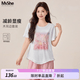 MsShe【雪花棉T恤套裝】大碼女裝2026夏裝印花釘珠上衣七分燈籠褲 T恤-米白色現(xiàn)貨 XL