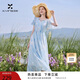 香影藍色暈染短袖連衣裙女2026夏季新款法式碎花仙女裙刺繡雪紡裙