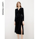 朗姿法式高級(jí)感絲絨長(zhǎng)裙冬季新款裙子連衣裙氣質(zhì)顯瘦v領(lǐng)小黑裙女 黑色 L
