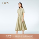 OVV春夏熱賣女裝抽褶收腰襯衫式版型休閑A字傘裙短袖連衣裙 卡其綠（凈色）07 XS