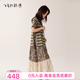 飛鳥和新酒條紋印花短袖連衣裙女2026春季新款時尚寬松拼接女裙 拼色棕色HQJ03 S