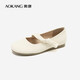 奧康（Aokang）官方女鞋 秋季新款日系可愛(ài)圓頭平跟瑪麗珍鞋蝴蝶結扣飾通勤 米白色 1244221019 36