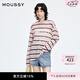 moussy 春季新品休閑條紋撞色字母印花長袖T恤028JSX90-1047 090粉紅色 均碼