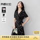 尚都比拉V領(lǐng)短袖印花連衣裙女夏季收腰顯瘦茶歇碎花裙優(yōu)雅通勤中長裙