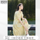 對白溫柔碎花短袖連衣裙女2026夏新款法式寬松顯瘦V領度假風裙子 柔霧黃 XL