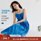 茵曼克萊因藍壓褶吊帶連衣裙2026夏季女裝新款氣質收腰顯瘦裙子 深靛藍 M