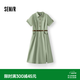 森馬（Semir）連衣裙女夏季襯衫領純棉開叉中長裙腰帶顯瘦鹽系復古風工裝裙 綠色調00344 L