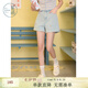 紫涵（ZIHAN）紫涵做舊卷邊刺繡牛仔短褲女年夏季新款松緊高腰藍色休閑熱褲 牛仔藍 S