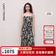朗姿方領印花無袖吊帶連衣裙復古通勤風長裙女2026年秋季新款 黑色 S