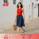 H&M2026夏季新款女裝牛仔中長A字半身裙松緊腰顯瘦傘裙1000146 靛藍(lán)色 L