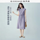 佐丹奴亞麻裙子女裝夏季新款棉麻綁帶收腰立領短袖連衣裙05466327