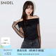 SNIDEL秋冬甜美透視薄紗一字領露肩襯衫上衣SWFB244141 黑色 均碼 （F）