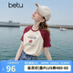 百圖女裝夏季新款T恤撞色插肩袖復古印花短袖上衣女2505T18
