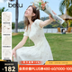 百圖betu女裝夏季新款連衣裙抽褶泡泡袖國風印花收腰裙子2503T91 米白 M