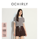 歐時力OCHIRLY[季末折扣]輕薄仿亞麻條紋短袖針織衫上衣內搭撞色夏女士 啡白條 M
