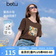 百圖（betu）女裝2026年夏季新款小馬圖案短袖T恤復(fù)古休閑潮流上衣女2607T19