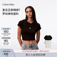Calvin KleinJeans【正肩羅紋】夏季女士活力辣妹刺繡ck彈力重磅短袖T恤上衣 UB1-太空黑 S