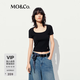 MO&Co.【秦嵐同款】短袖T恤大圓領(lǐng)U領(lǐng)正肩收腰 摩安珂 黑色 M /165