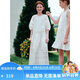 ELLE KIDS夏季女童度假風松弛圓領插肩燈籠半袖休閑棉布繡花連衣裙長裙