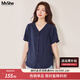 MsShe【天絲萊賽爾】大碼女裝2026夏裝胖mm收腰顯瘦短袖襯衫上衣 藏青藍色現貨 2XL