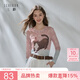 三彩2026夏季新款貓咪印花網(wǎng)紗T恤圓領(lǐng)長袖修身短款套頭上衣M