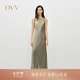 OVV2025春夏新款女裝圓領雪紡紗拼接吊帶緞面醋酸連衣裙 青苔綠 M