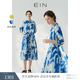 EIN【海島假日】EIN言文藝印花系帶立領(lǐng)七分袖絲棉連衣裙夏季新款 寶藍(lán) S