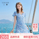 三彩2026夏季新款浪漫荷葉邊V領(lǐng)連衣裙碎花雪紡裙A字裙中長裙M