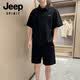 JEEP SPIRIT高檔男士夏季寬松潮牌短袖套裝韓版潮流休閑運動一套短褲衣服 7M36黑色 XL