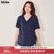MsShe【天絲萊賽爾】大碼女裝2026夏裝胖mm收腰顯瘦短袖襯衫上衣 藏青藍色現貨 2XL