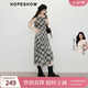 紅袖（hopeshow）輕奢小眾不撞款連衣裙2026春季新款女裝網紗不規則蕩領格子長裙 白底黑格902 S