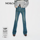 MO&Co.【神褲】牛仔褲復古藍及地微喇微彈中腰摩安珂 牛仔藍色 S 26