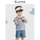 mlgt kids童裝男童套裝2025夏季新款短袖衣服男寶寶POLO衫薄款兩件套 灰藍(lán)條紋 80 cm