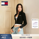 TOMMY JEANS【混紡】春秋季女裝美式復古刺繡翻領肌理感針織開衫外套 【凈色翻領開衫】-黑色BDS M （推薦：110-125斤）