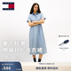 TOMMY JEANS【棉麻混紡】26春夏女裝復古文藝度假收腰顯瘦A字襯衫長裙連衣裙 淺牛仔藍1AB XS （推薦：80-95斤）
