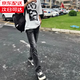 POUMcleanfit美式復古高街vibe風重磅水洗黑牛修身顯高微喇牛仔褲男裝 黑色 常規 【高品質】 M 【90-105斤】【高品質】