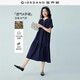 佐丹奴裙子女夏季新款純棉壓褶破骨蛋糕裙V領短袖連衣裙05466077