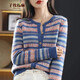 子牧棉麻春裝 時(shí)尚圓領(lǐng)百搭拼色條紋針織衫簡(jiǎn)約針織開(kāi)衫1111 藍色 均碼(建議95-125斤)