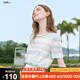 百圖betu女裝夏季新款襯衫領口織帶蕾絲條紋短袖氣質襯衫2507T62 淺蘭 M