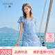 三彩2026夏季新款浪漫荷葉邊V領連衣裙碎花雪紡裙A字裙中長裙M