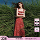 三彩2026夏季新款方領蕾絲碎花印花連衣裙無袖長裙女 橙紅色花卉 M 160/84A