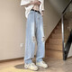 益帛（YIBO）牛仔褲春夏新款港風(fēng)復古淺色破洞高街寬松直筒潮流百搭長(cháng)褲子男 藍色 L【建議115-125斤】