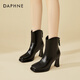 達芙妮時(shí)尚粗跟高跟短靴女冬季加絨時(shí)裝靴女法式百搭瘦瘦靴女 黑色 35 