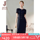 經典故事（JANE STORY）經典故事杏色小香風圓領連衣裙2026夏季新款優雅知性氣質花邊長裙 深藍（尺碼偏小建議拍大一碼） L