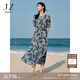 玖姿·安娜蔻優(yōu)雅復古蕾絲印花網(wǎng)布抽褶收腰連衣裙女夏季 花紋綠 2XL