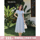 謎秀冰川藍波點刺繡連衣裙女2026夏季新品V領網紗高腰收腰氣質長裙 藍色 波點連衣裙 S