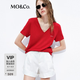 MO&Co.短袖T恤2026夏新品接觸涼感3A抗菌剪邊V領寬松H型上衣MBF2TEET14 大紅色 M /165