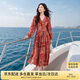 尚都比拉春秋中長款印花紅色連衣裙氣質女神范顯瘦度假裙子 紅花 L 