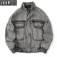 JEEP SPIRIT秋季設計感水洗做舊復古牛仔外套男女寬松廓形工裝翻領(lǐng)機車(chē)夾克潮 復古水洗灰 L 140-165斤